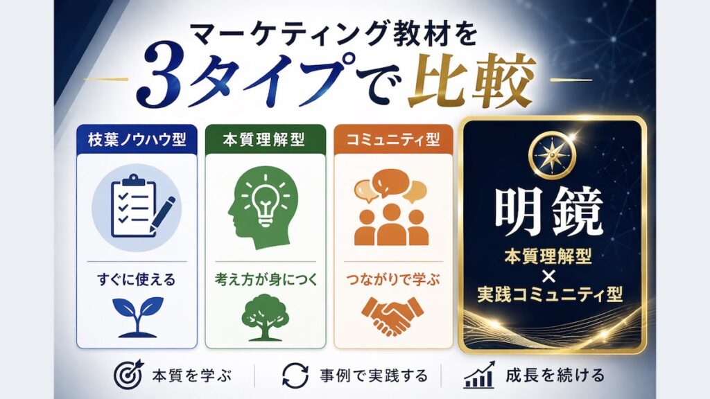 明鏡と他のマーケティング教材を比較｜枝葉ノウハウ型・本質理解型・コミュニティ型との違いとは？
